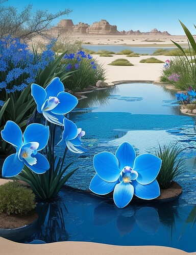 DreamShaper_v6_blue_orchids_around_a_pond_in_a_vast_sandy_de_0