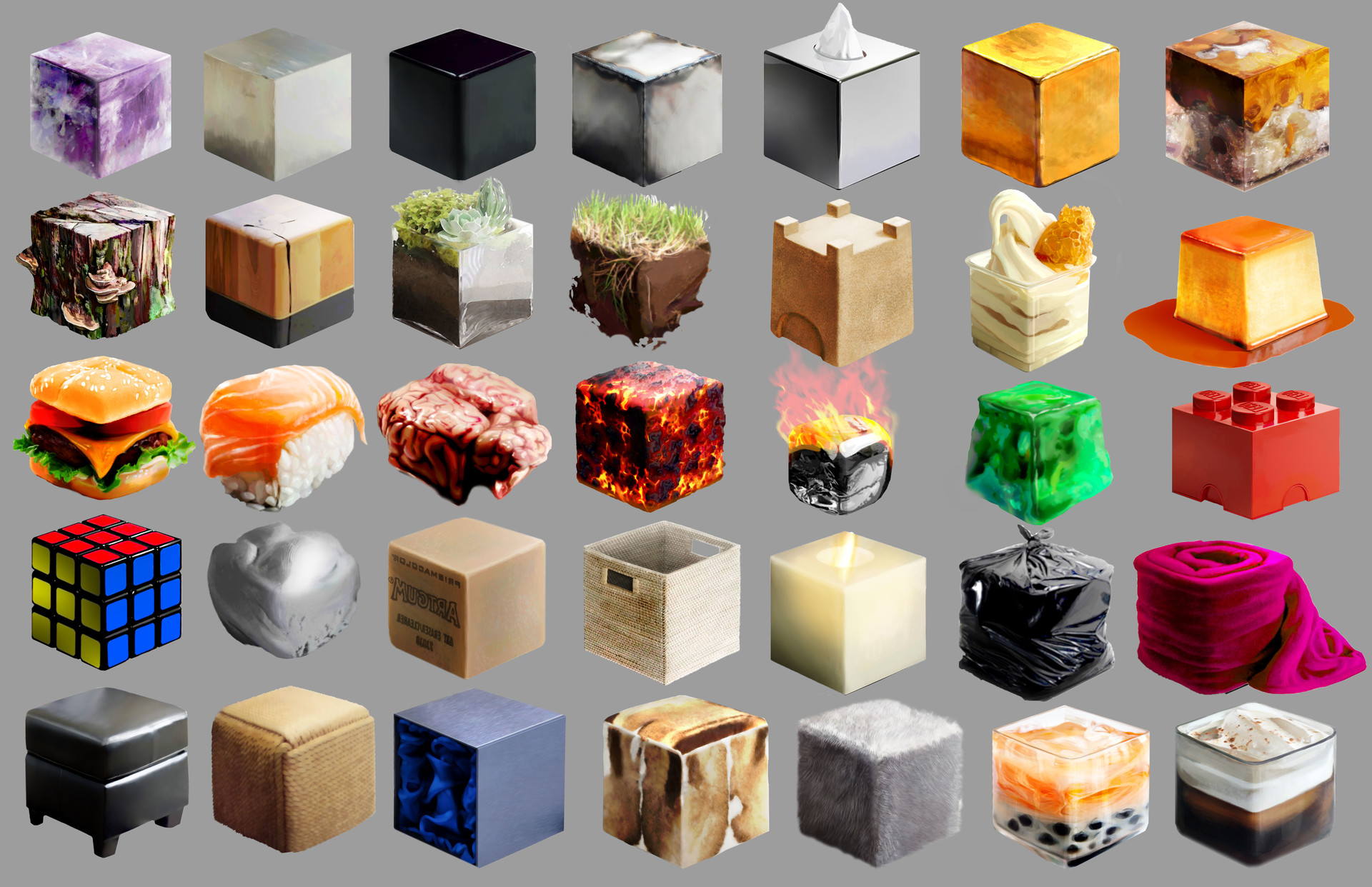 Different materials. Pictures from different material. Cube nose texture for Painter. Study texture.
